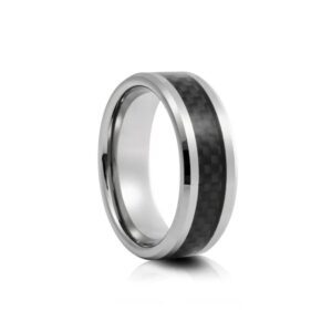 The Eclipse ring, polished tungsten with black carbon fiber, 8mm wide, sleek and commanding.
