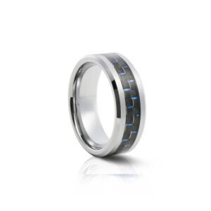The Blue Inferno ring, polished tungsten with black and blue carbon fiber, 8mm wide, bold and luminous.