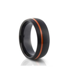 The Emberline ring, matte black tungsten with orange resin, 8mm wide, bold and sophisticated.