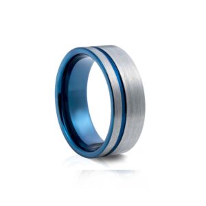 The Deep Current ring, brushed blue metal, 8mm wide, sleek and contemporary.