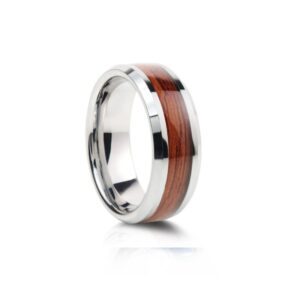 The Crimson Alloy ring, polished tungsten with red wood inlay, 8mm wide, distinctive and sophisticated.