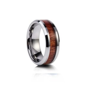 The Cherry Crest ring, polished tungsten with cherry wood inlay, 8mm wide, natural luxury design.